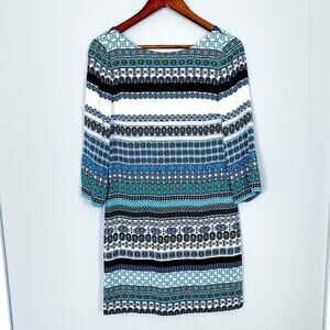 Diane Von Furstenberg Mixed Print Silk Shift Dress Blue Teal White Size 4 EUC